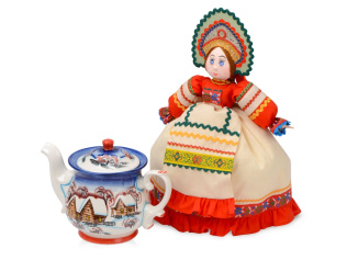 Набор Зимняя сказка: кукла на чайник, чайник заварной с росписью, , чай травяной
