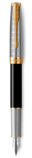 Перьевая ручка  и чехол из кожи Parker Sonnet Premium Refresh BLACK GT, перо 18K, перо: F, цвет чернил black, в подарочной упаковке