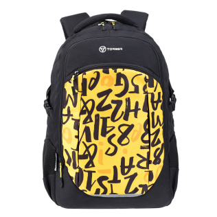 Рюкзак TORBER CLASS X, черно-желтый с принтом "Буквы", полиэстер 900D, 46 x 32 x 18 см