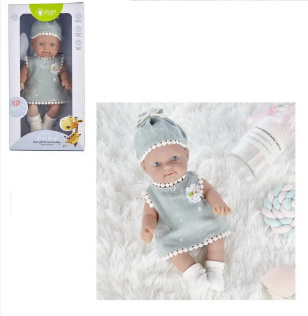 Пупс JUNFA Pure Baby 25см в сером платье, шапочке, носочках
