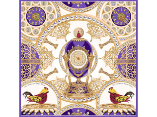 Платок Пасхальное яйцо-часы Петушок (бежевый, фиолетовый, золотистый, разноцветный)