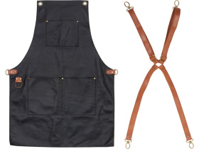 Фартук из натуральной кожи флотер  Материал: натуральная кожа КРС, цвет фартука: черный, цвет ремней: светлый бук, фурнитура из металлического сплава ЦАМ, цвет фурнитуры: антик, размер универсальный