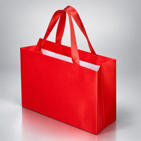 Пакет подарочный с тканевой ламинацией Сатин XL, красный 32×23×12 см., красные ручки