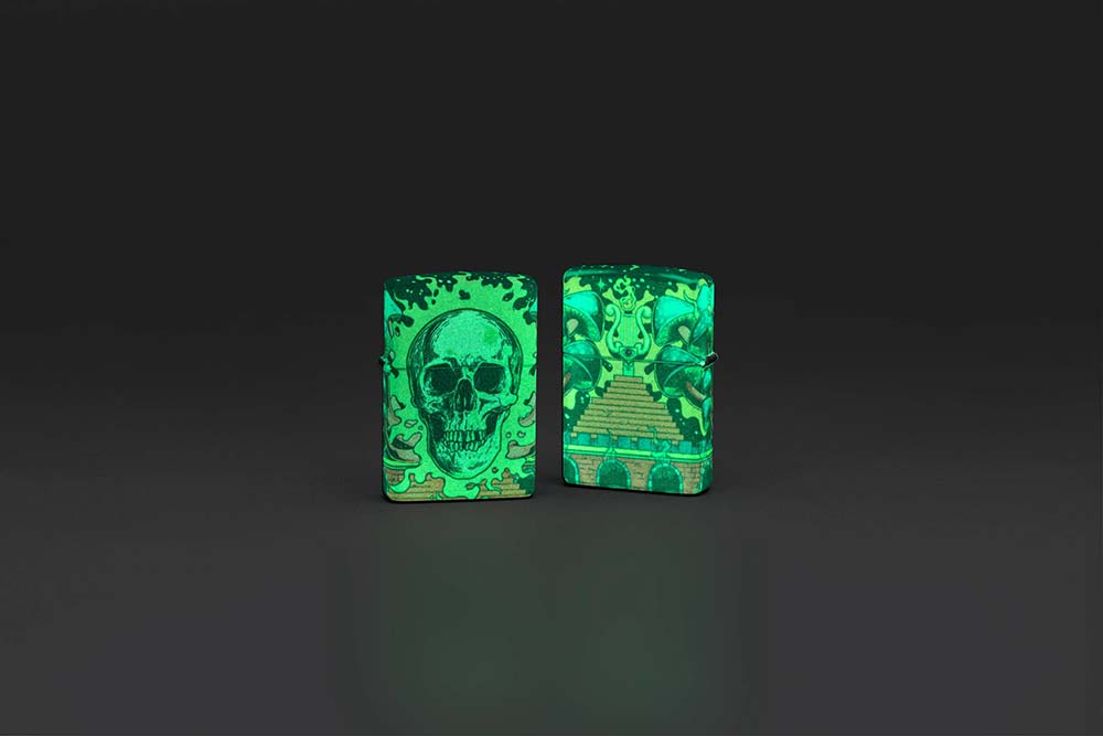 Зажигалка ZIPPO Skull Design с покрытием Glow In The Dark Green,латунь/сталь,разноцветная38x13x57 мм