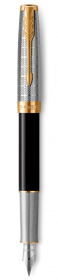 Перьевая ручка  и чехол из кожи Parker Sonnet Premium Refresh BLACK GT, перо 18K, перо: F, цвет чернил black, в подарочной упаковке